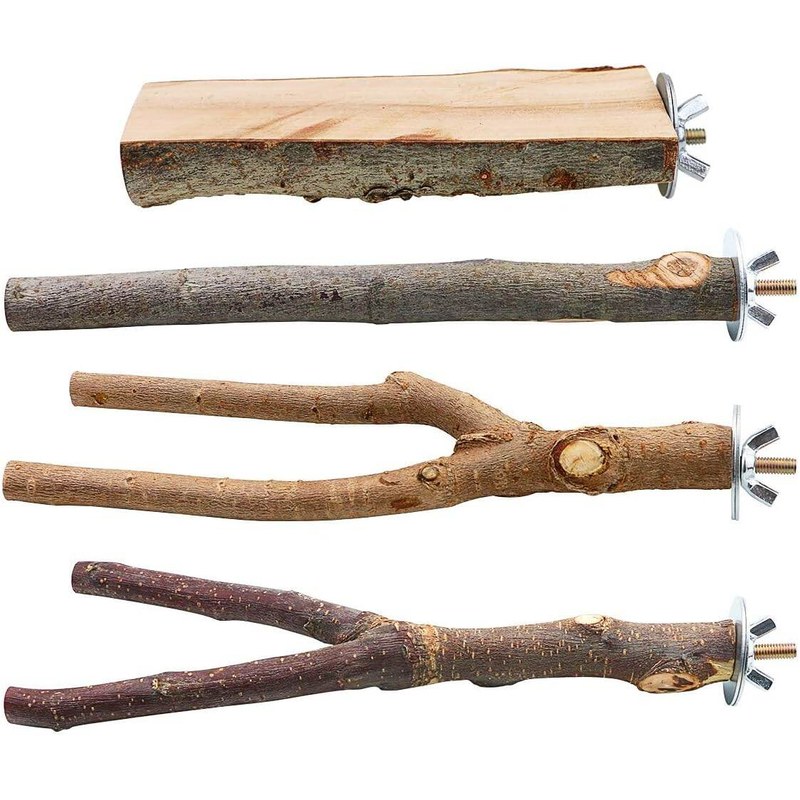 4 Pcs Natural Wood Bird Perch Parrot Stand Branches Fork Toys,Pet Bird Cage Wooden Hanging Perch Platform Hammock Swing Toy for Small Parakeets,Budgies,Cockatiels,Conures,Macaws,Fi