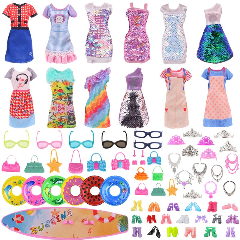 45 Item/Set Doll Accessories=5*Doll Clothes Dress+40*Doll Accessories Doll Shoes Boots Necklaces Glasses Hangers For 30CM Doll