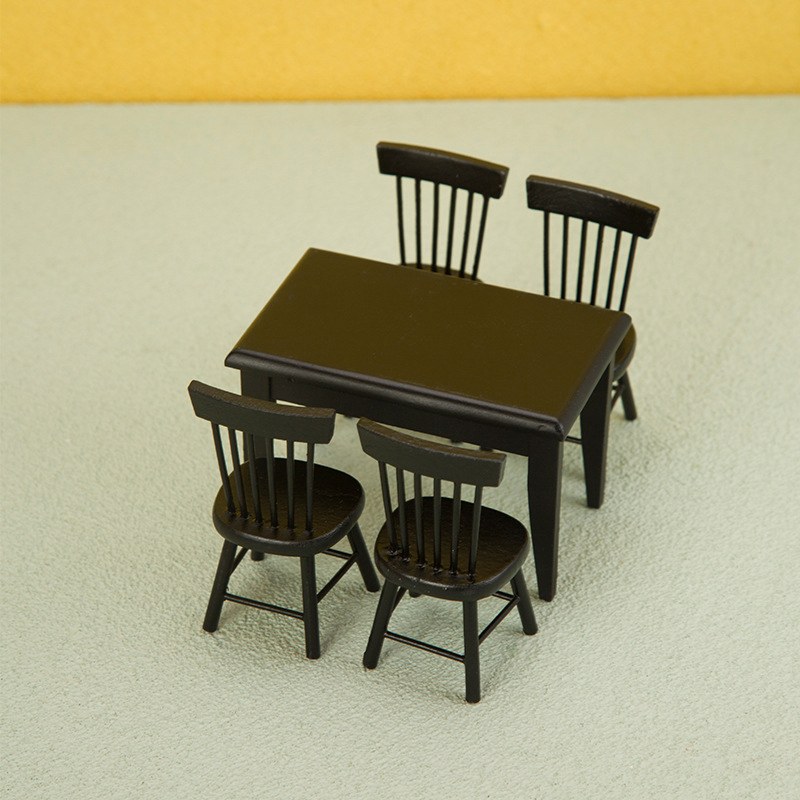 1:12 Dollhouse Kitchen Restaurant Mini Dining Table Food Black Table Chairs Scene Model Wooden Furniture Decor Toy Accessories